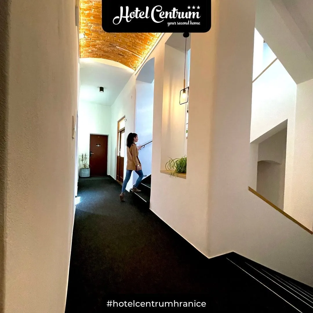 Hostka na schodišti chodby s cihlovou klenbou v Hotelu Centrum